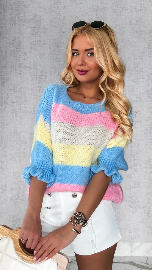 Puszysty wiosenny sweter w kolorowe pasy multi kolor BLUE - P357