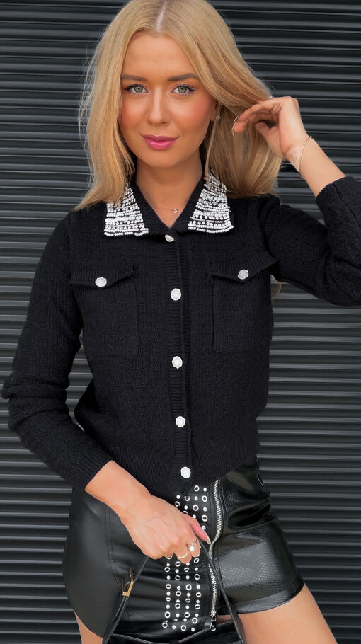 Elegancki CZARNY sweter na guzikami ze zdobiony kołnierzykiem ONE SIZE - S376