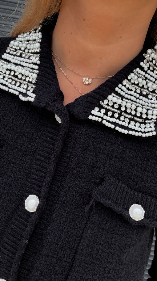 Elegancki CZARNY sweter na guzikami ze zdobiony kołnierzykiem ONE SIZE - S376