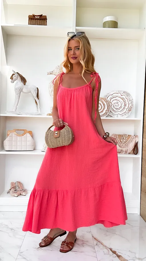 Koralowa muślinowa sukienka MAXI z wiązanymi ramiączkami ONE SIZE - P859B