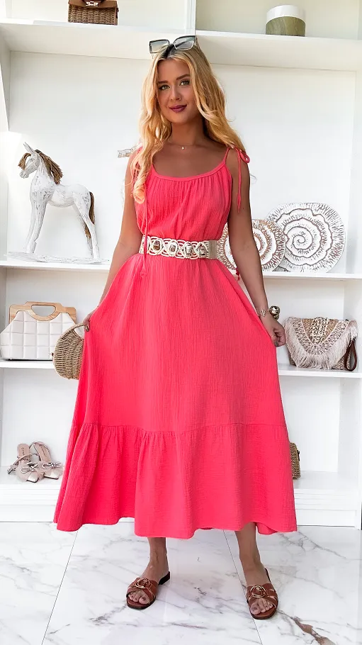 Koralowa muślinowa sukienka MAXI z wiązanymi ramiączkami ONE SIZE - P859B