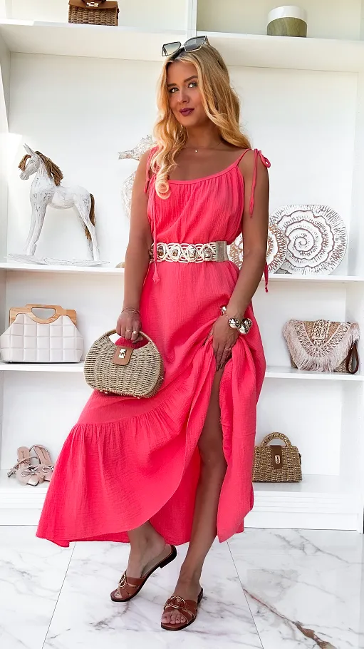 Koralowa muślinowa sukienka MAXI z wiązanymi ramiączkami ONE SIZE - P859B