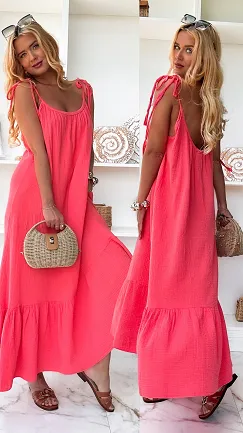 Koralowa muślinowa sukienka MAXI z wiązanymi ramiączkami ONE SIZE - P859B