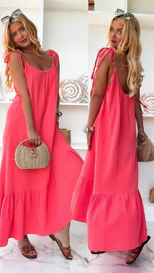 Koralowa muślinowa sukienka MAXI z wiązanymi ramiączkami ONE SIZE - P859B