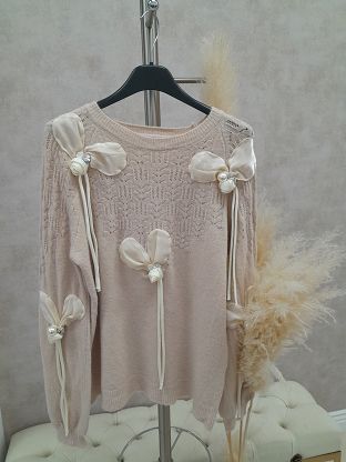 PRODUKT Z WADĄ Premium sweterek zdobiony liliami BEŻOWY - L282A/W