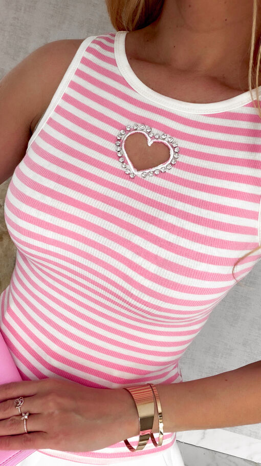 Bluzka w paski TANK TOP z serduszkiem RÓŻOWA - S024A