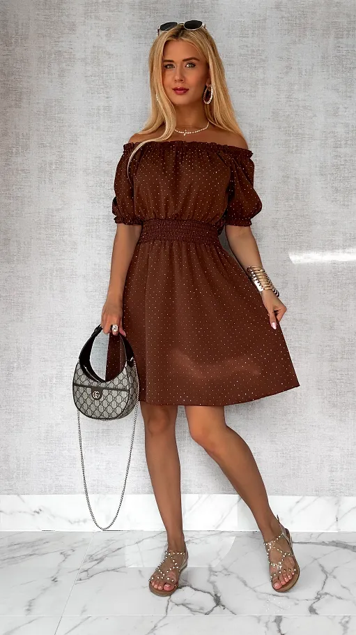 Czekoladowa sukienka hiszpanka w mini cyrkonie ONE SIZE - P805