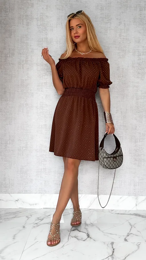Czekoladowa sukienka hiszpanka w mini cyrkonie ONE SIZE - P805