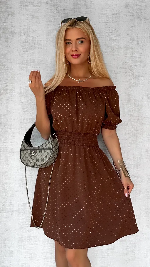 Czekoladowa sukienka hiszpanka w mini cyrkonie ONE SIZE - P805