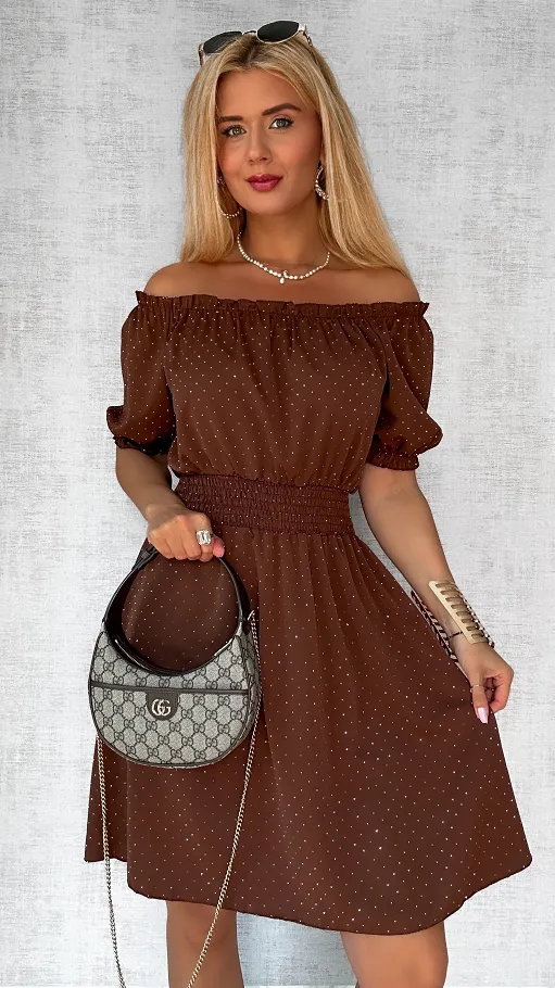 Czekoladowa sukienka hiszpanka w mini cyrkonie ONE SIZE - P805