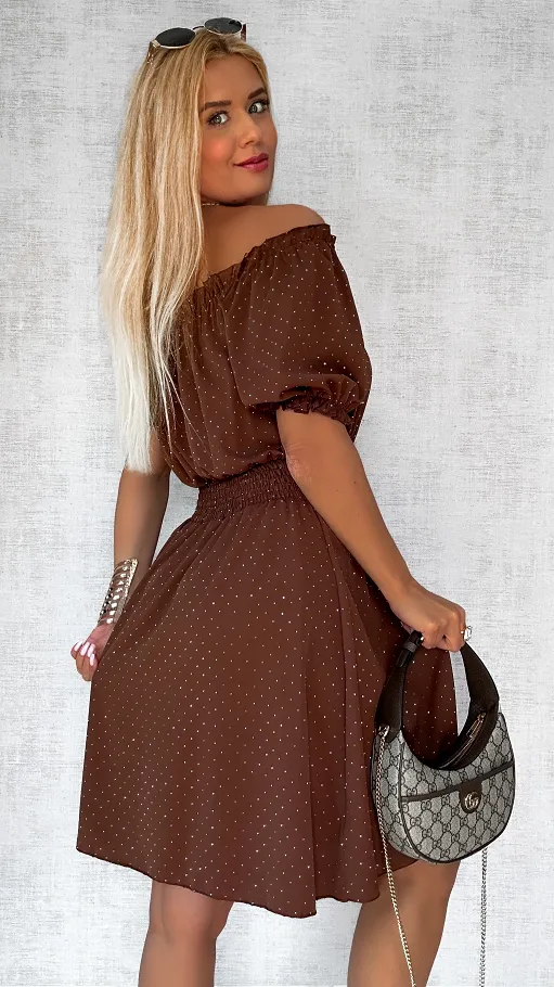 Czekoladowa sukienka hiszpanka w mini cyrkonie ONE SIZE - P805