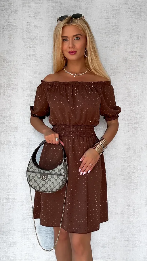 Czekoladowa sukienka hiszpanka w mini cyrkonie ONE SIZE - P805