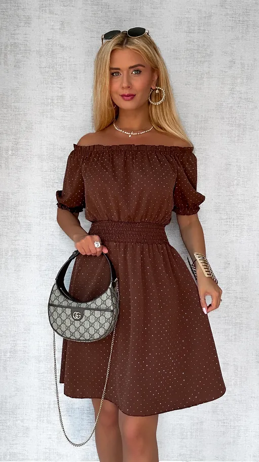 Czekoladowa sukienka hiszpanka w mini cyrkonie ONE SIZE - P805