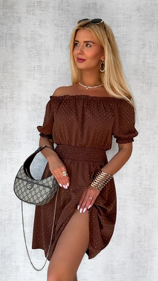 Czekoladowa sukienka hiszpanka w mini cyrkonie ONE SIZE - P805