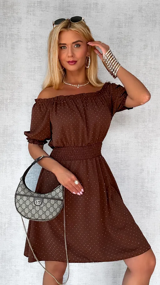 Czekoladowa sukienka hiszpanka w mini cyrkonie ONE SIZE - P805