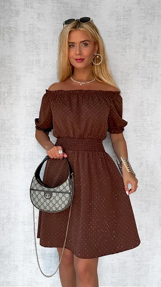 Czekoladowa sukienka hiszpanka w mini cyrkonie ONE SIZE - P805