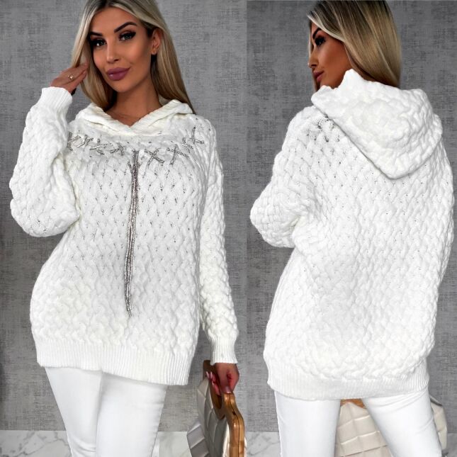 Wyjątkowy sweter warkocz ECRU z kapturem ONE SIZE wiskoza - R640