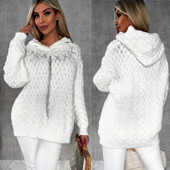 Wyjątkowy sweter warkocz ECRU z kapturem ONE SIZE wiskoza - R640