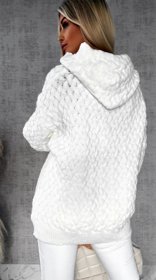 Wyjątkowy sweter warkocz ECRU z kapturem ONE SIZE wiskoza - R640