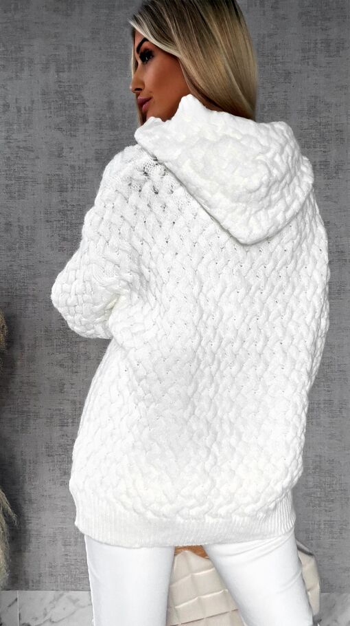 Wyjątkowy sweter warkocz ECRU z kapturem ONE SIZE wiskoza - R640