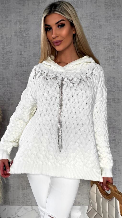 Wyjątkowy sweter warkocz ECRU z kapturem ONE SIZE wiskoza - R640