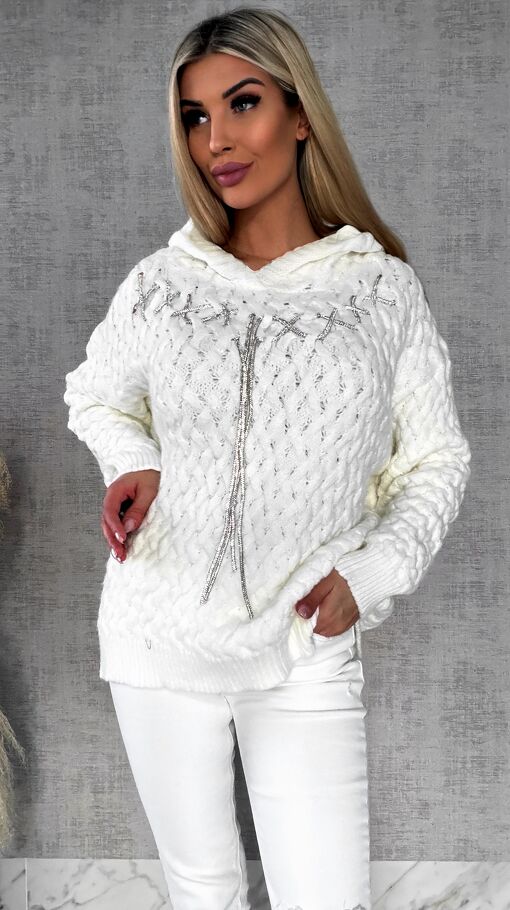 Wyjątkowy sweter warkocz ECRU z kapturem ONE SIZE wiskoza - R640