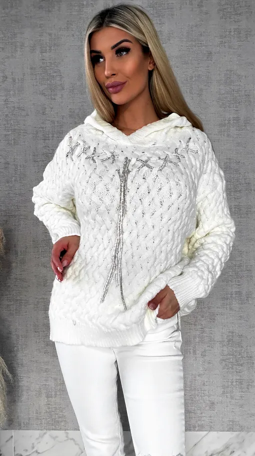 Wyjątkowy sweter warkocz ECRU z kapturem ONE SIZE wiskoza - R640