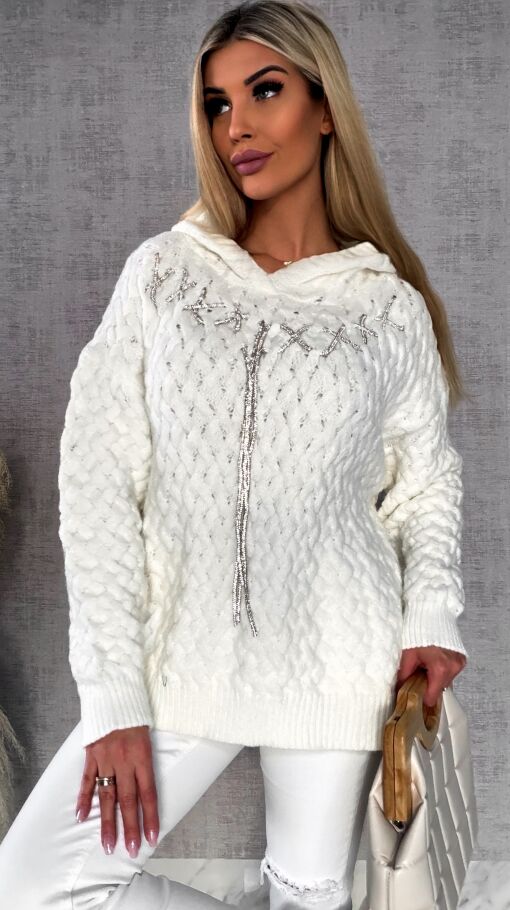 Wyjątkowy sweter warkocz ECRU z kapturem ONE SIZE wiskoza - R640