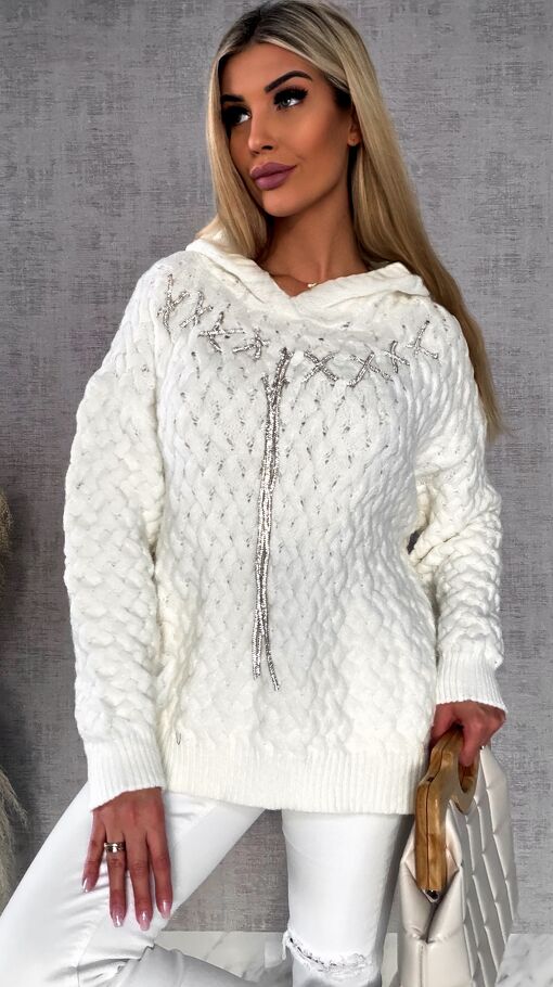 Wyjątkowy sweter warkocz ECRU z kapturem ONE SIZE wiskoza - R640