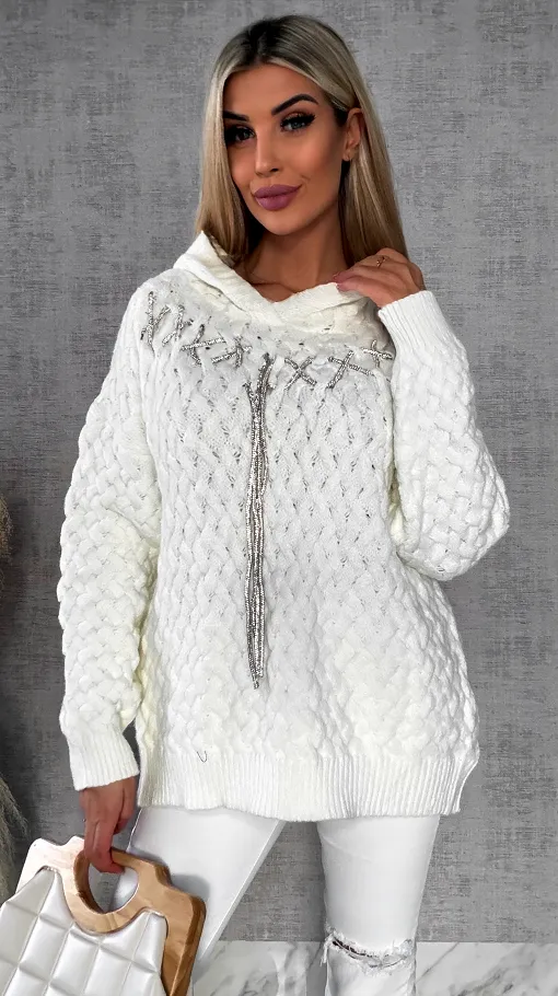 Wyjątkowy sweter warkocz ECRU z kapturem ONE SIZE wiskoza - R640