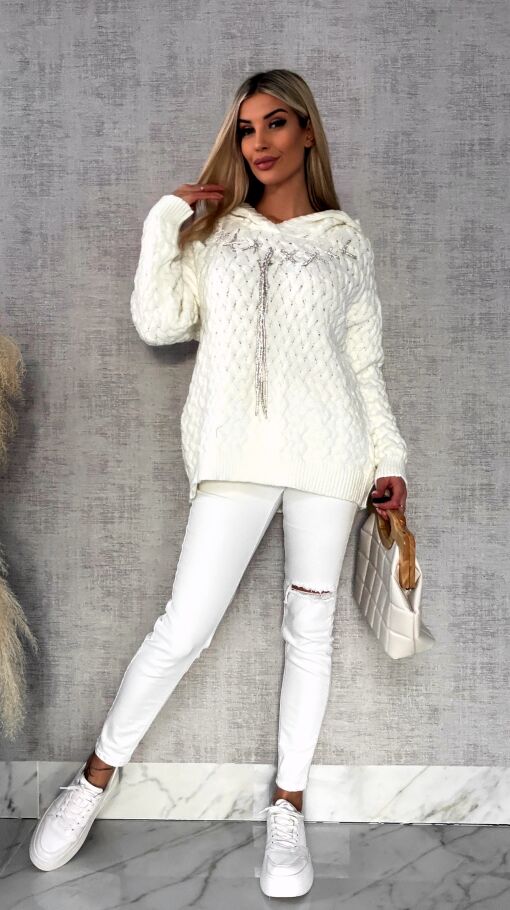 Wyjątkowy sweter warkocz ECRU z kapturem ONE SIZE wiskoza - R640