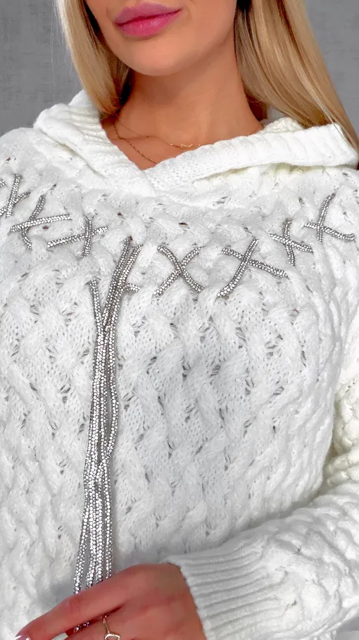 Wyjątkowy sweter warkocz ECRU z kapturem ONE SIZE wiskoza - R640