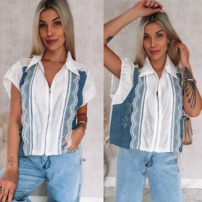 Oryginalna luźna bluzka na zamek z jeansowymi wstawkami ONE SIZE - R852