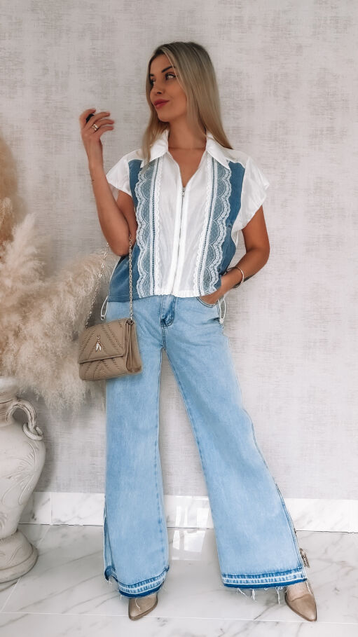 Oryginalna luźna bluzka na zamek z jeansowymi wstawkami ONE SIZE - R852