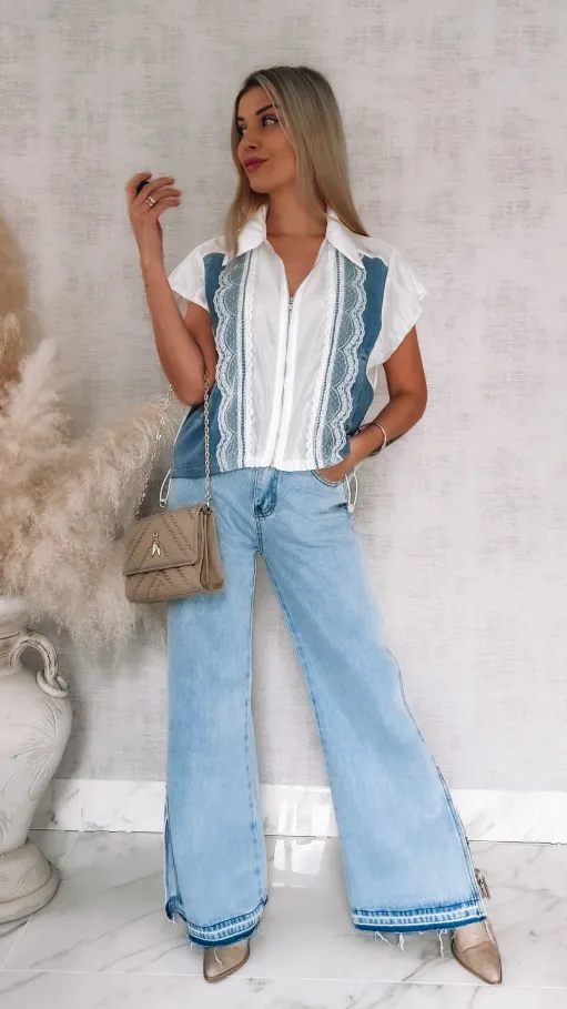 Oryginalna luźna bluzka na zamek z jeansowymi wstawkami ONE SIZE - R852