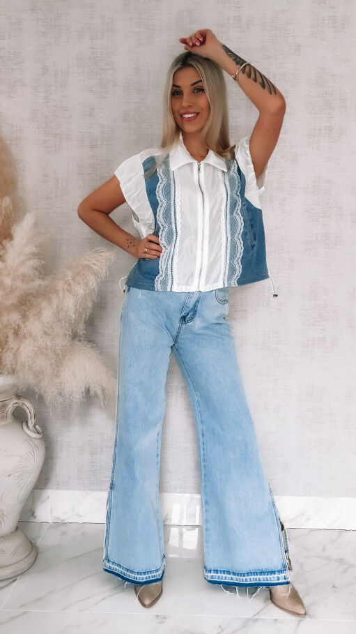 Oryginalna luźna bluzka na zamek z jeansowymi wstawkami ONE SIZE - R852