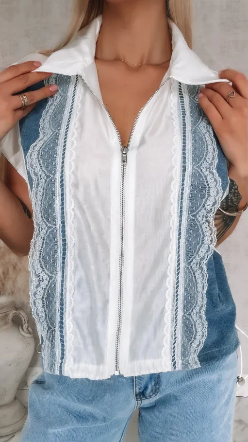 Oryginalna luźna bluzka na zamek z jeansowymi wstawkami ONE SIZE - R852