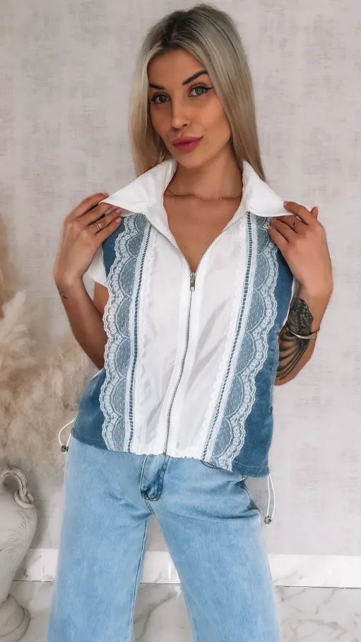 Oryginalna luźna bluzka na zamek z jeansowymi wstawkami ONE SIZE - R852