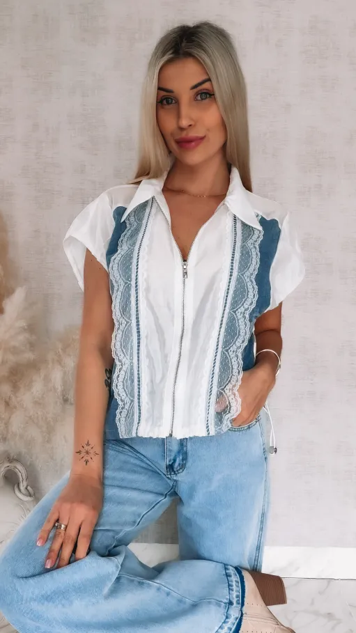 Oryginalna luźna bluzka na zamek z jeansowymi wstawkami ONE SIZE - R852