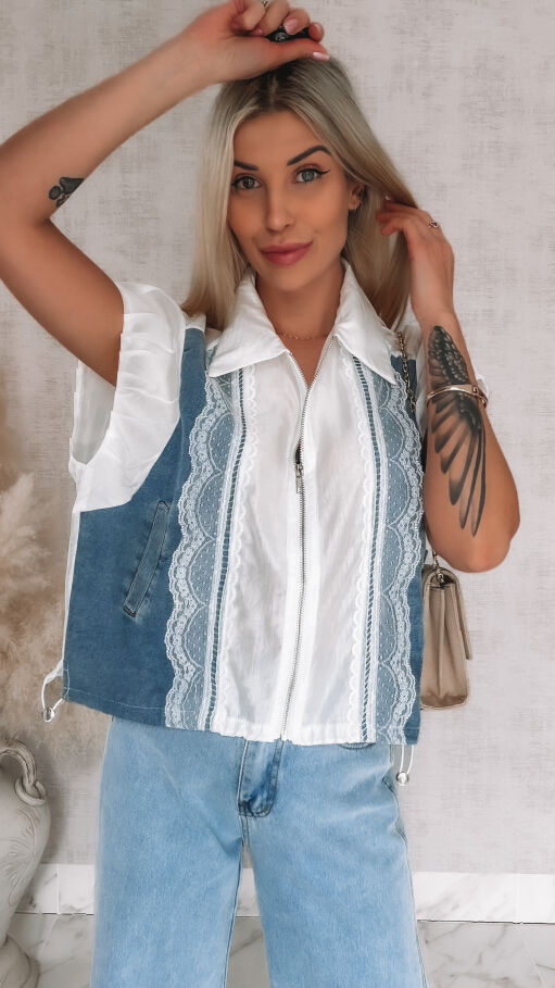 Oryginalna luźna bluzka na zamek z jeansowymi wstawkami ONE SIZE - R852