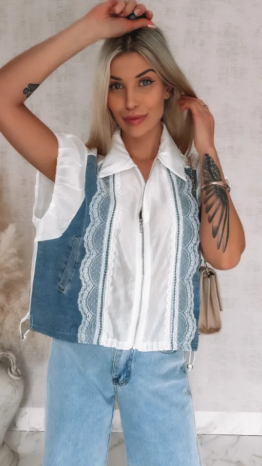 Oryginalna luźna bluzka na zamek z jeansowymi wstawkami ONE SIZE - R852