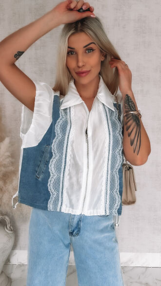 Oryginalna luźna bluzka na zamek z jeansowymi wstawkami ONE SIZE - R852