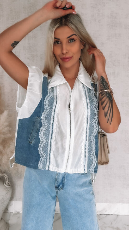 Oryginalna luźna bluzka na zamek z jeansowymi wstawkami ONE SIZE - R852