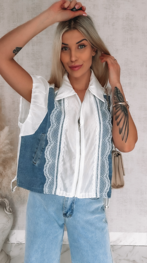 Oryginalna luźna bluzka na zamek z jeansowymi wstawkami ONE SIZE - R852