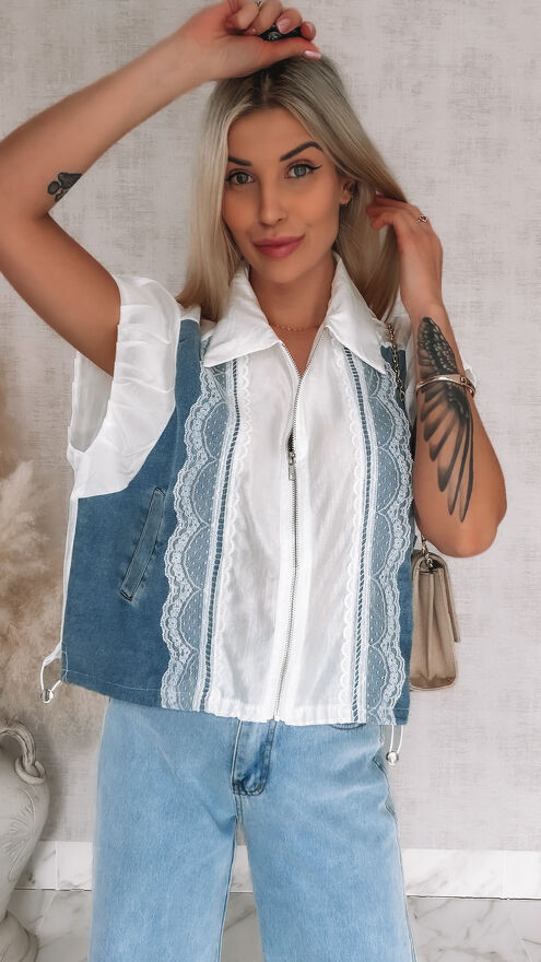 Oryginalna luźna bluzka na zamek z jeansowymi wstawkami ONE SIZE - R852