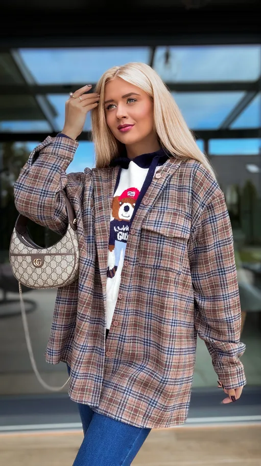Miękka luźna koszula flanelowa w modna kratkę - R166