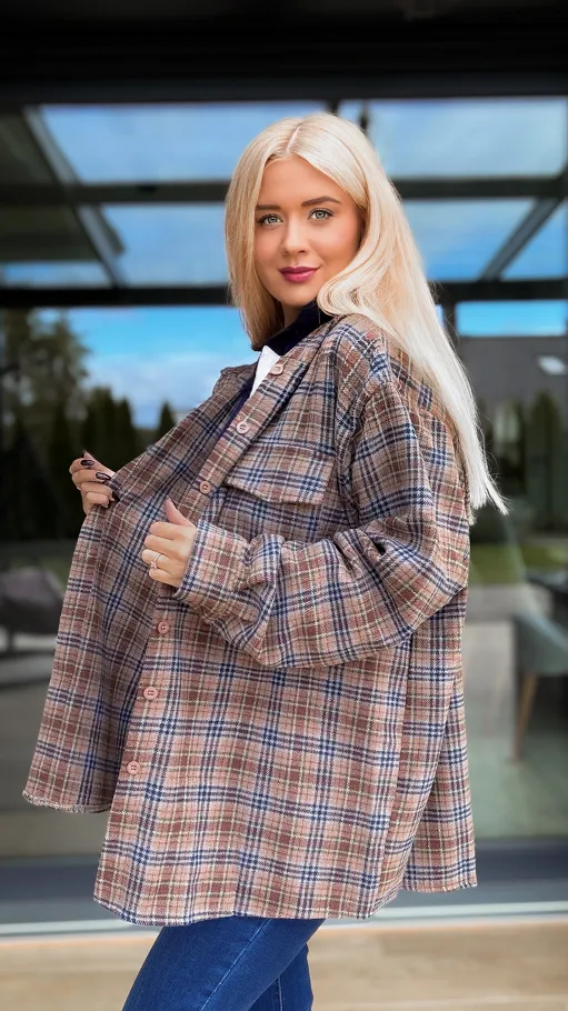 Miękka luźna koszula flanelowa w modna kratkę - R166