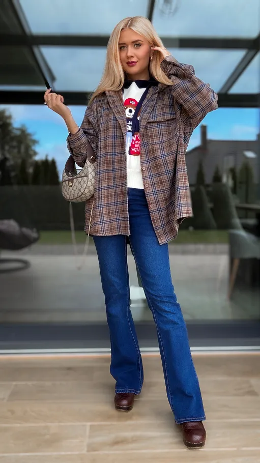 Miękka luźna koszula flanelowa w modna kratkę - R166