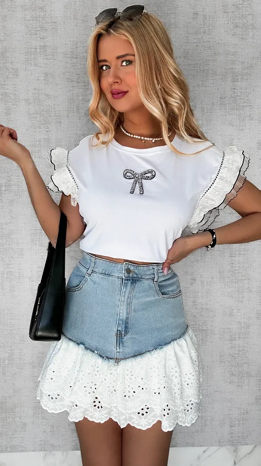 Biała EKSKLUZYWNA bluzka t-shirt z kokardką ONE SIZE - P390