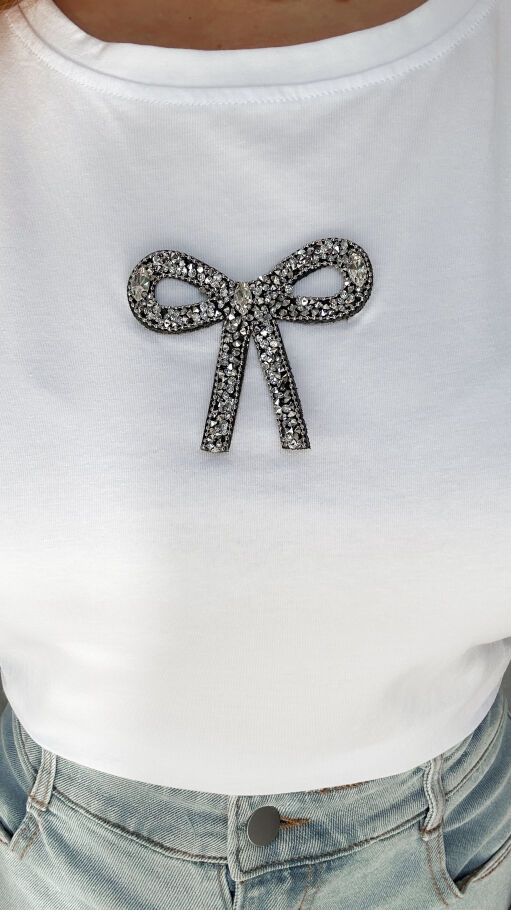 Biała EKSKLUZYWNA bluzka t-shirt z kokardką ONE SIZE - P390